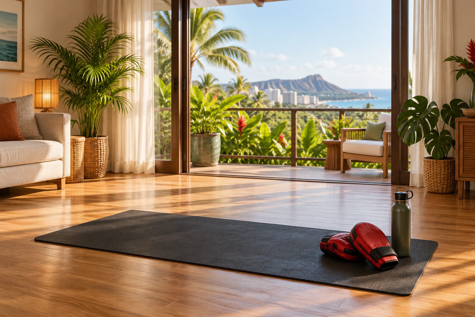 A living room cleared for training, with a black mat, red focus mitts and a view of Diamond Head